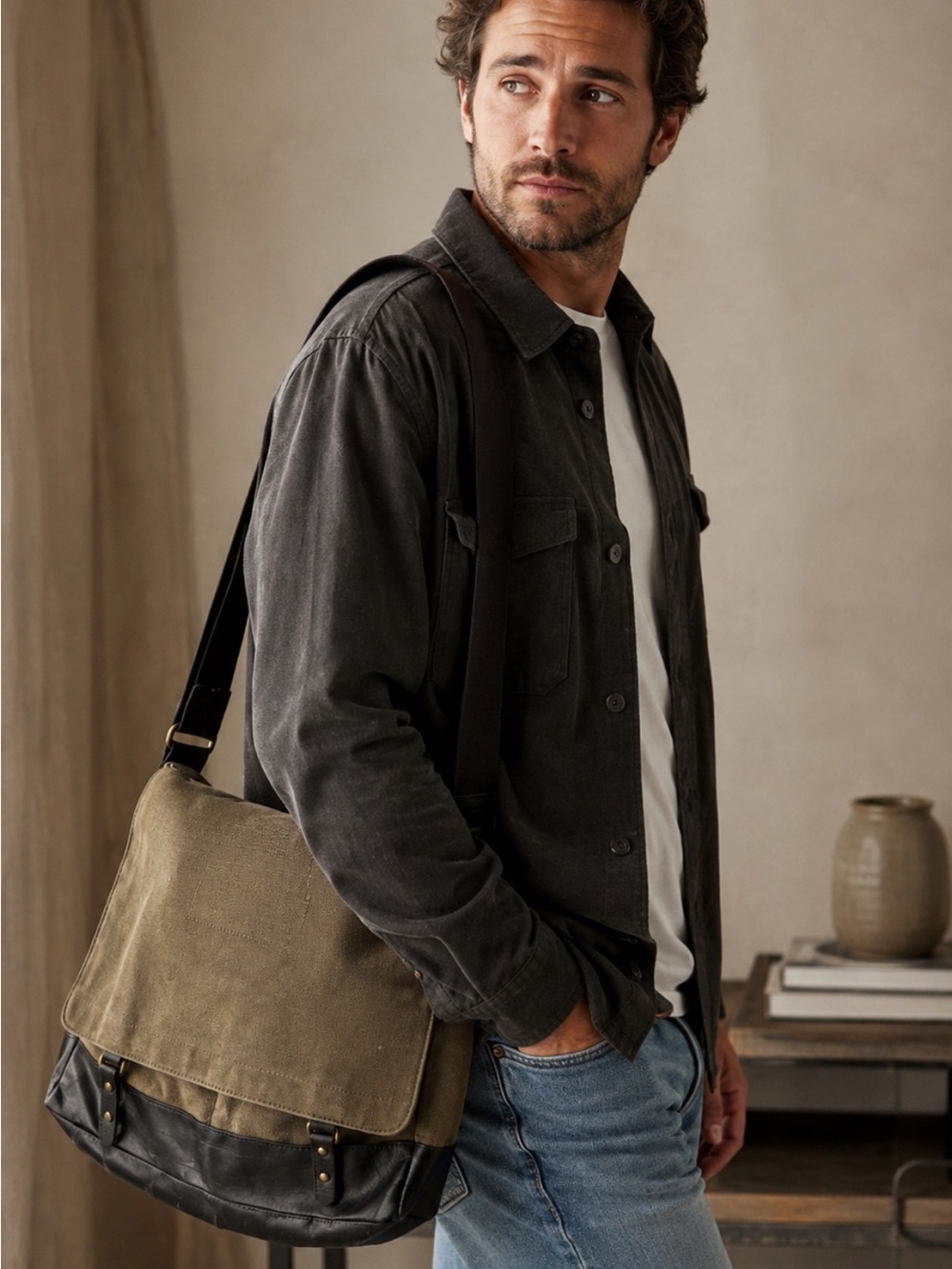 Indigo Olive/Khaki Canvas Messenger Bag with Black Trim